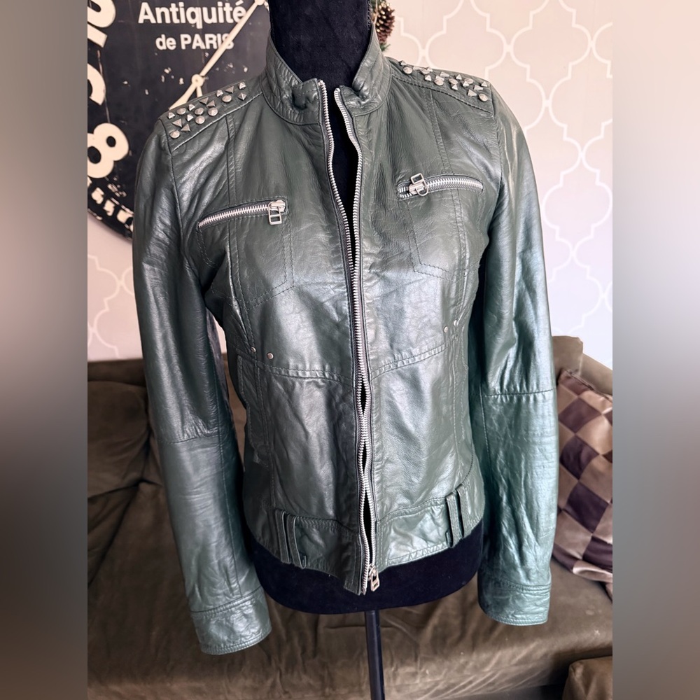 Stud-Accent Green Leather Jacket - Women's